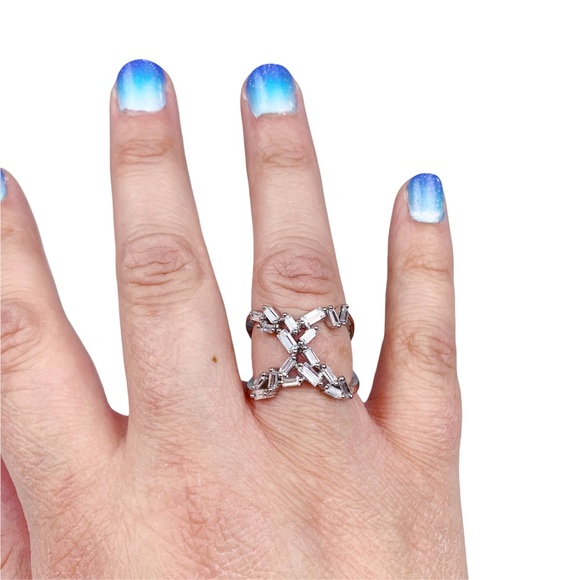 Silver Emerald Diamond Baguette Cubic Zirconia X Shape Ring Size 7 Size 8 - Picture 4 of 17